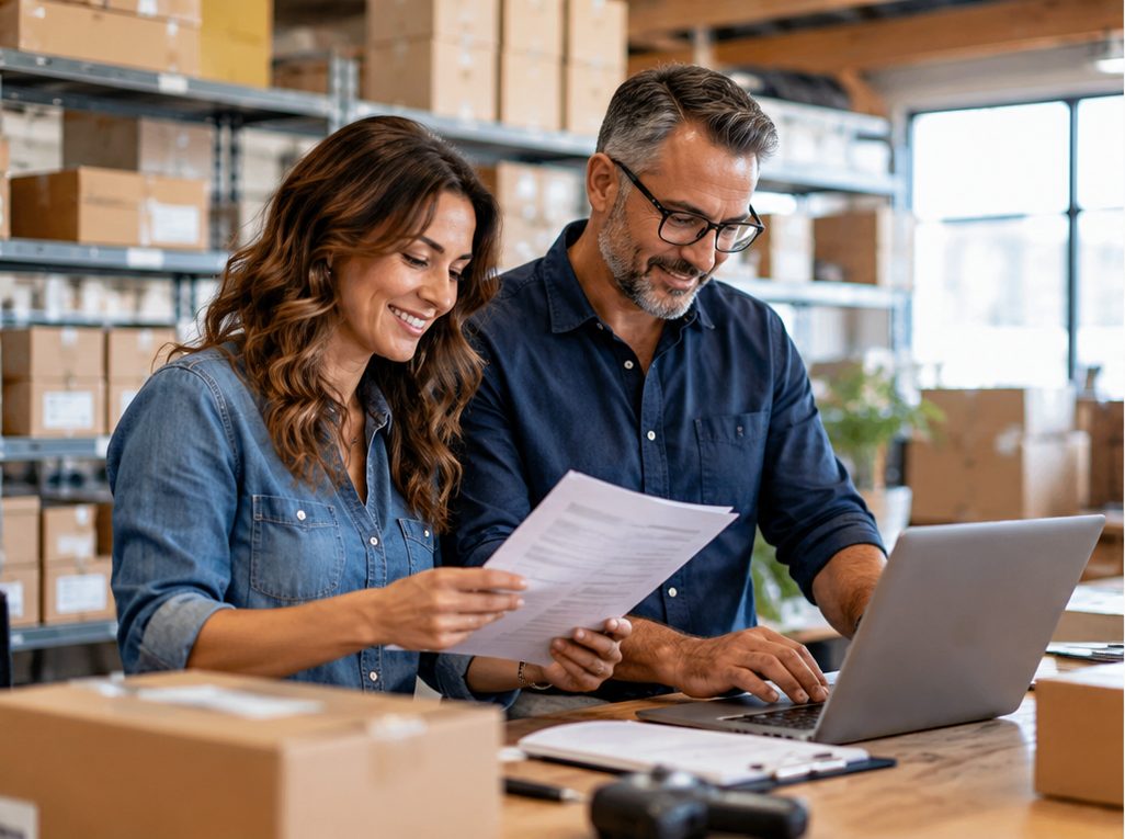 Small business owners reviewing inventory paperwork and cash flow
