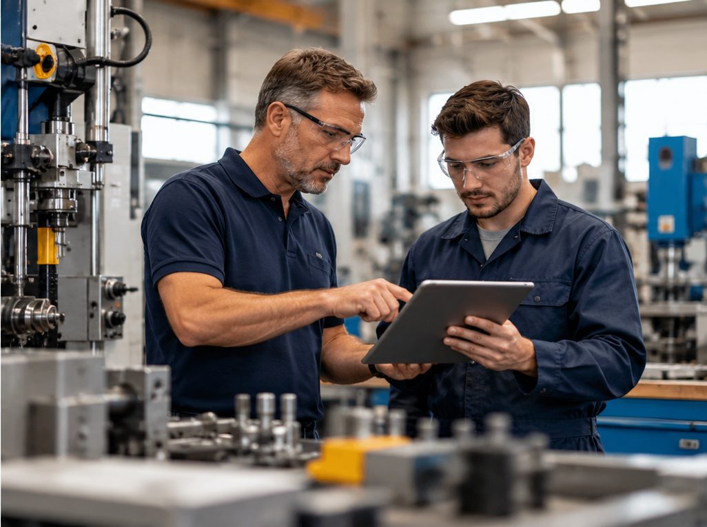 Manufacturing workers planning an equipment purchase with a tablet